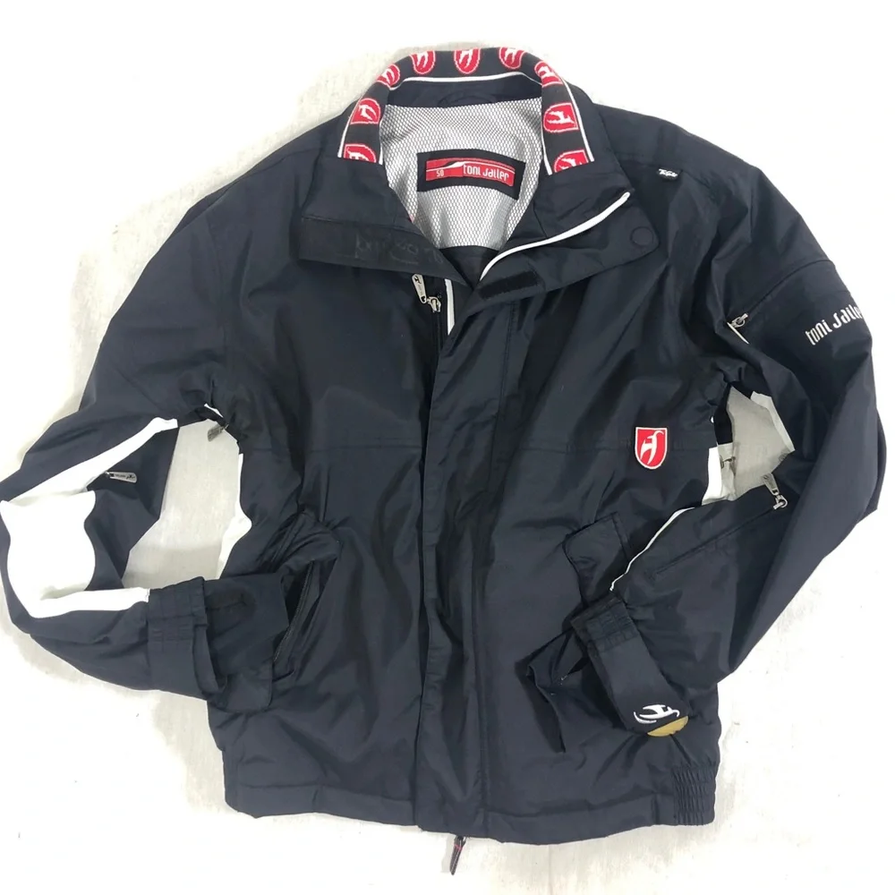 Toni Sailer ski jacket zipper front black mens MEDIUM black white red